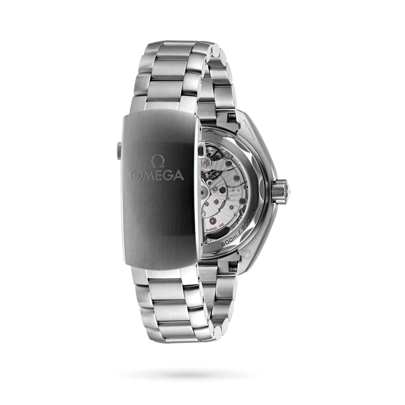 The OMEGA Seamaster Planet Ocean 600M is a stainless steel diving watch with a metal bracelet, featuring a clasp and showcasing its Master Chronometer movement through a transparent case back.