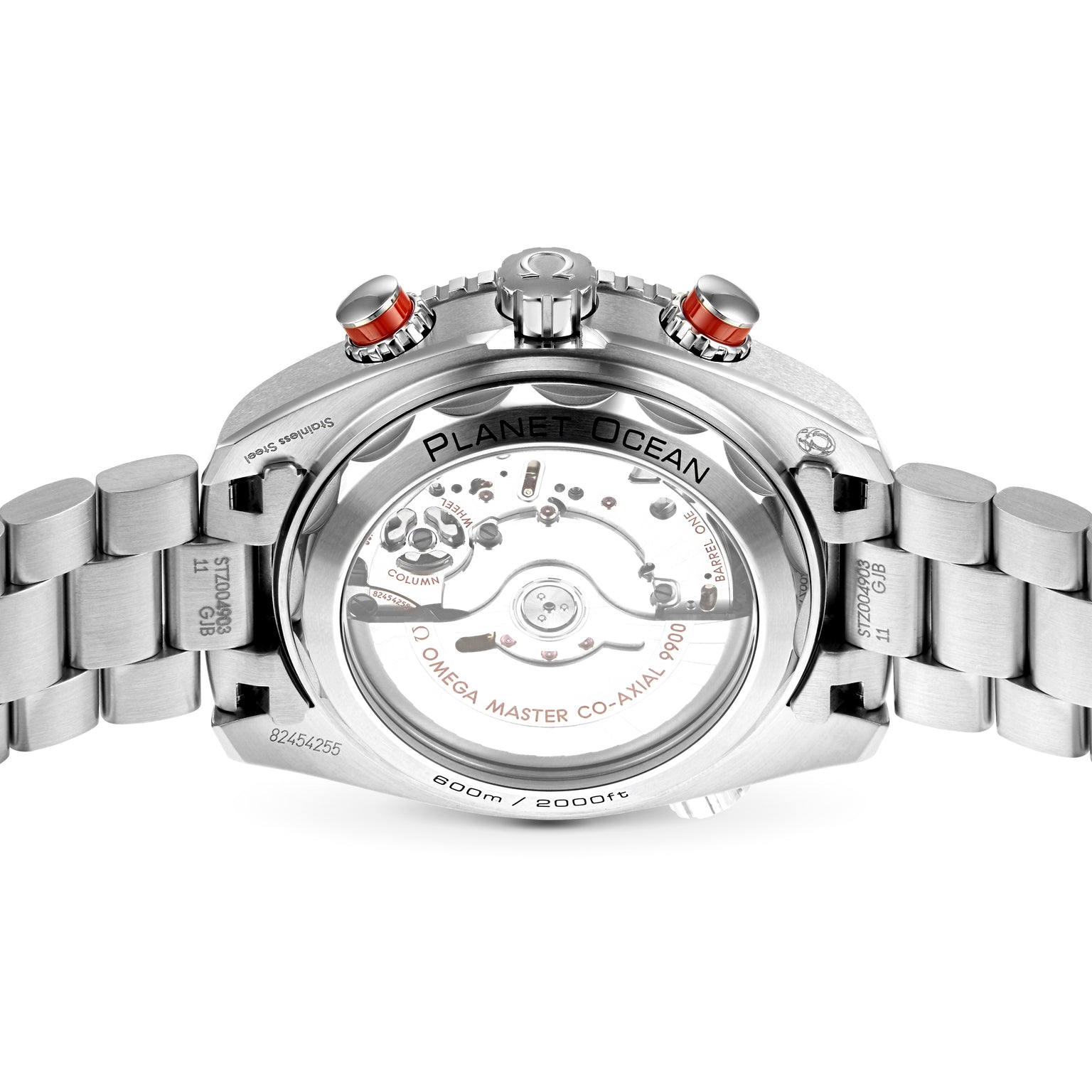 Back view of the OMEGA Seamaster Planet Ocean 600M showing its stainless steel bracelet, transparent case back, and visible 9900 calibre movement, with engraved details and Master Chronometer certification—true to its heritage.