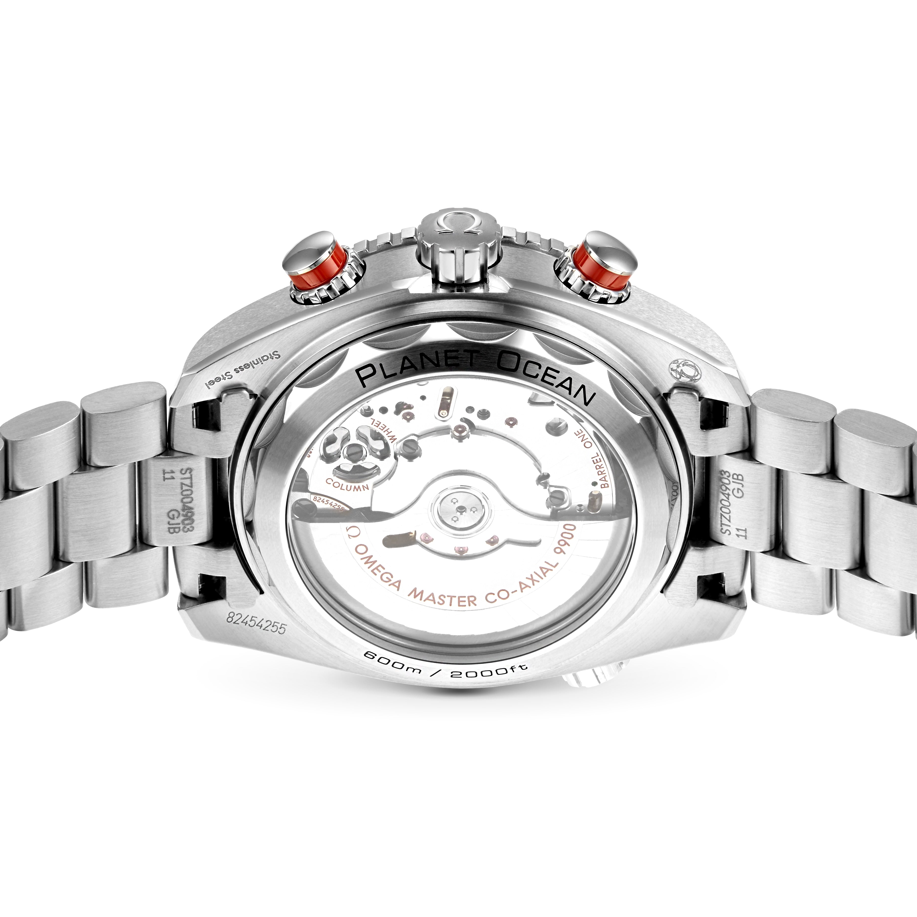 Back view of the OMEGA Seamaster Planet Ocean 600M showing its stainless steel bracelet, transparent case back, and visible 9900 calibre movement, with engraved details and Master Chronometer certification—true to its heritage.