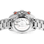 Back view of the OMEGA Seamaster Planet Ocean 600M showing its stainless steel bracelet, transparent case back, and visible 9900 calibre movement, with engraved details and Master Chronometer certification—true to its heritage.