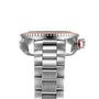 Side view of the OMEGA Seamaster Planet Ocean 600M stainless steel wristwatch with metal bracelet, highlighting the crown, bezel, and case details, and its impressive 9900 calibre movement against a white background.