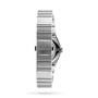 The OMEGA Constellation watch features a 28mm stainless steel case, shown from the back to display its signature clasp with the OMEGA logo and metal bracelet links—a classic detail of this renowned timepiece.