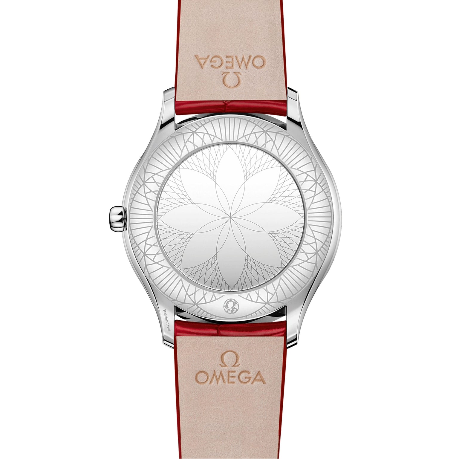 The back of the OMEGA De Ville Tresor 36 features a geometric floral pattern engraved on the case and red leather straps embossed with the OMEGA logo.