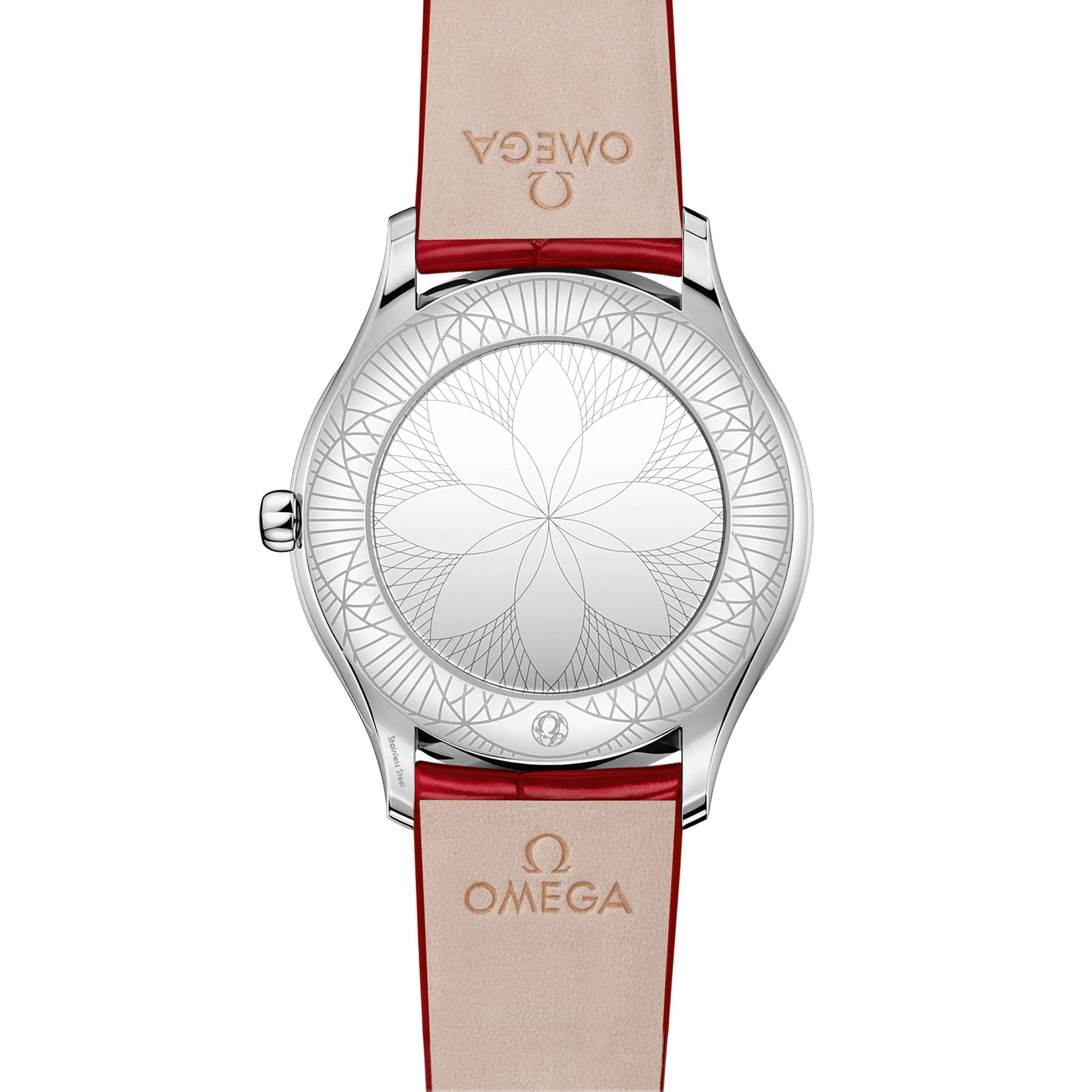 The back of the OMEGA De Ville Tresor 36 features a geometric floral pattern engraved on the case and red leather straps embossed with the OMEGA logo.