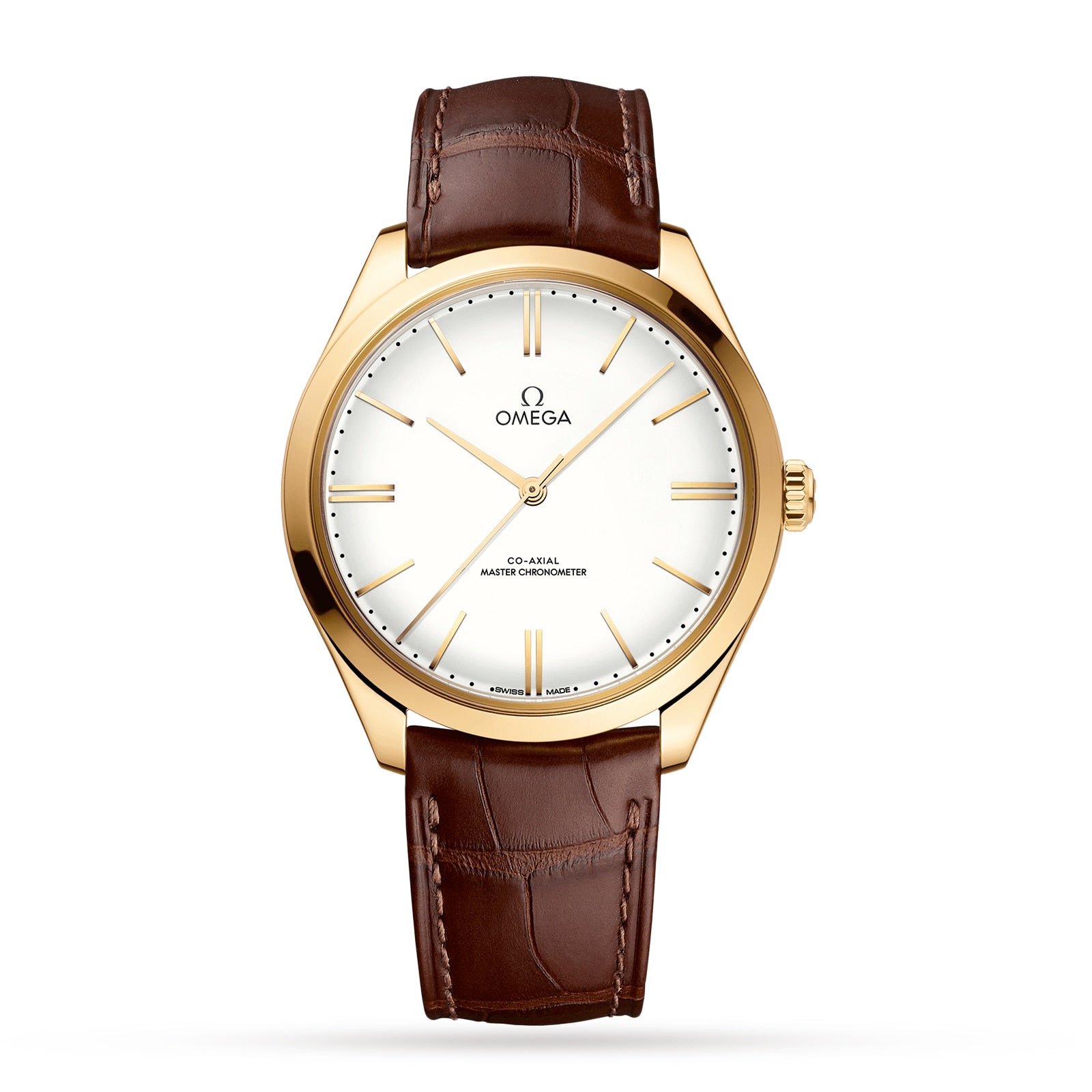 An OMEGA De Ville Trésor wristwatch with a white dial, 18K yellow gold hour markers, and a brown leather strap is displayed against a white background.