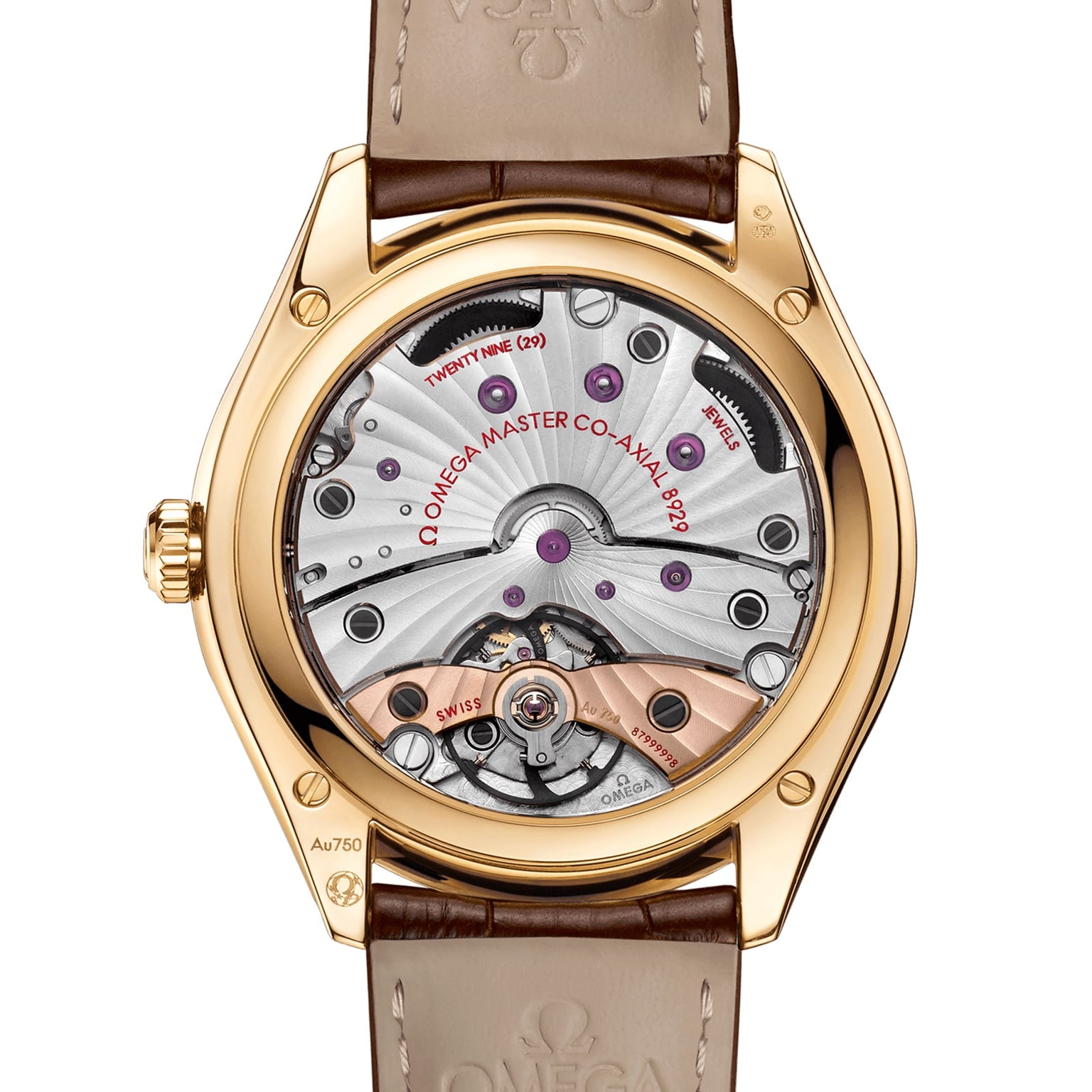 Close-up of the back of an OMEGA De Ville Trésor watch, displaying the mechanical movement through a transparent case back with engraving and 18K yellow gold accents.