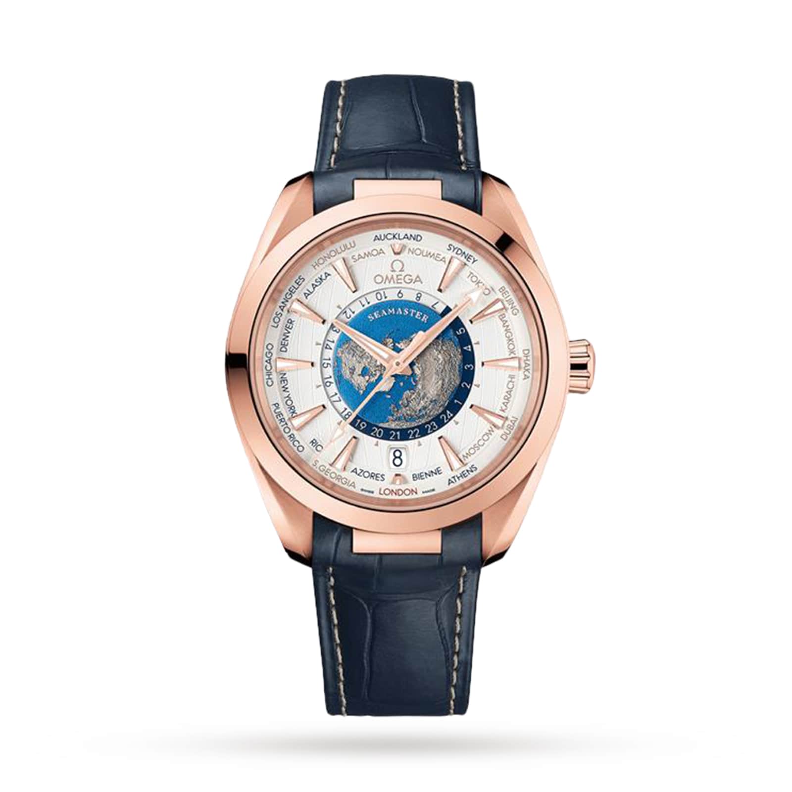 The OMEGA Seamaster Aqua Terra 150M is a luxury wristwatch featuring a blue leather strap, 18K Sedna™ Gold case, world map dial, and Worldtimer function for multiple cities and time zones.