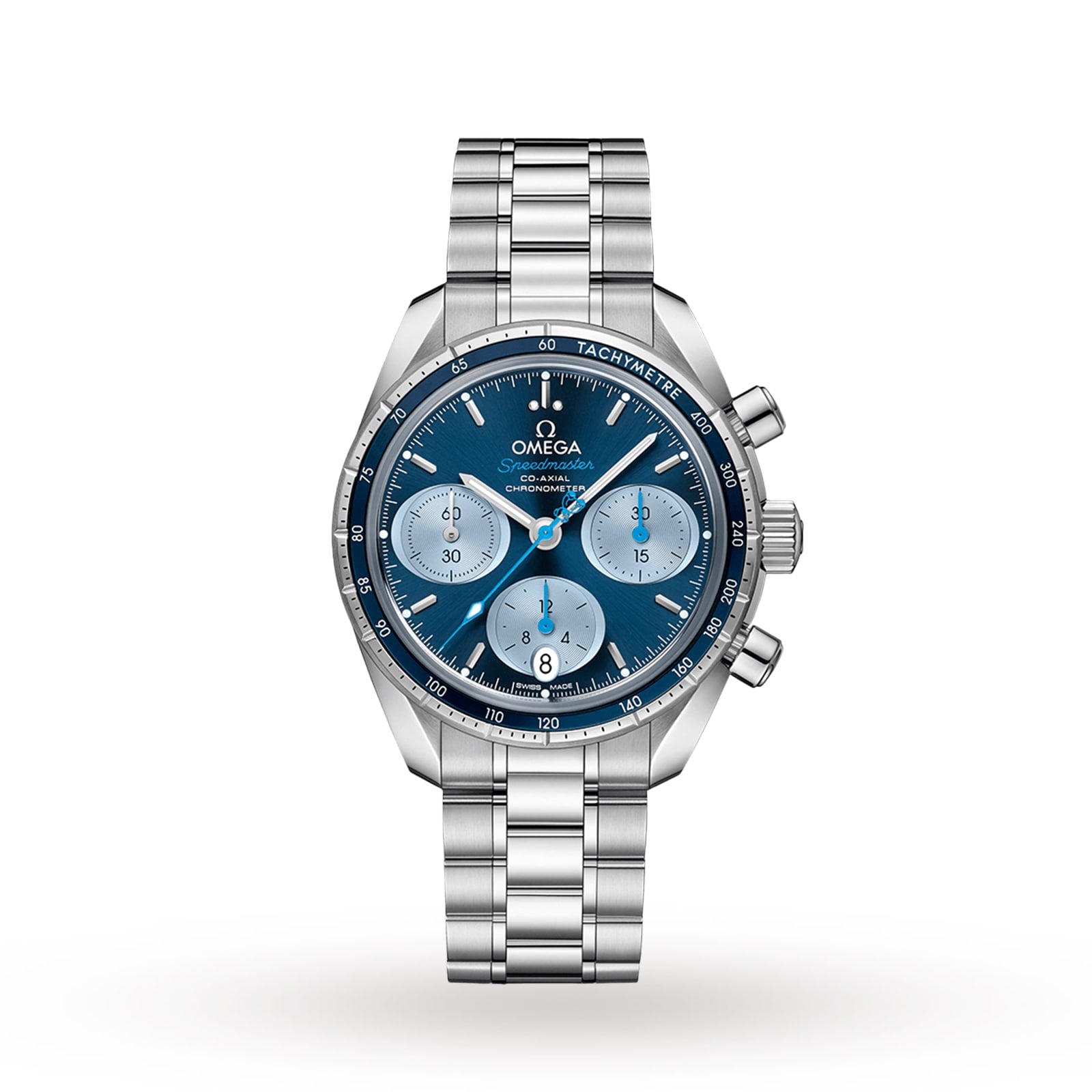 An OMEGA Speedmaster 38 Orbis Edition chronograph with a stainless steel case, blue dial, three subdials, tachymeter bezel, and metal bracelet is displayed on a white background. This special edition supports Orbis International.