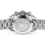 The image shows the stainless steel back of the OMEGA Speedmaster 38 Orbis Edition wristwatch, featuring engraved markings, a seahorse emblem, and a metal bracelet.