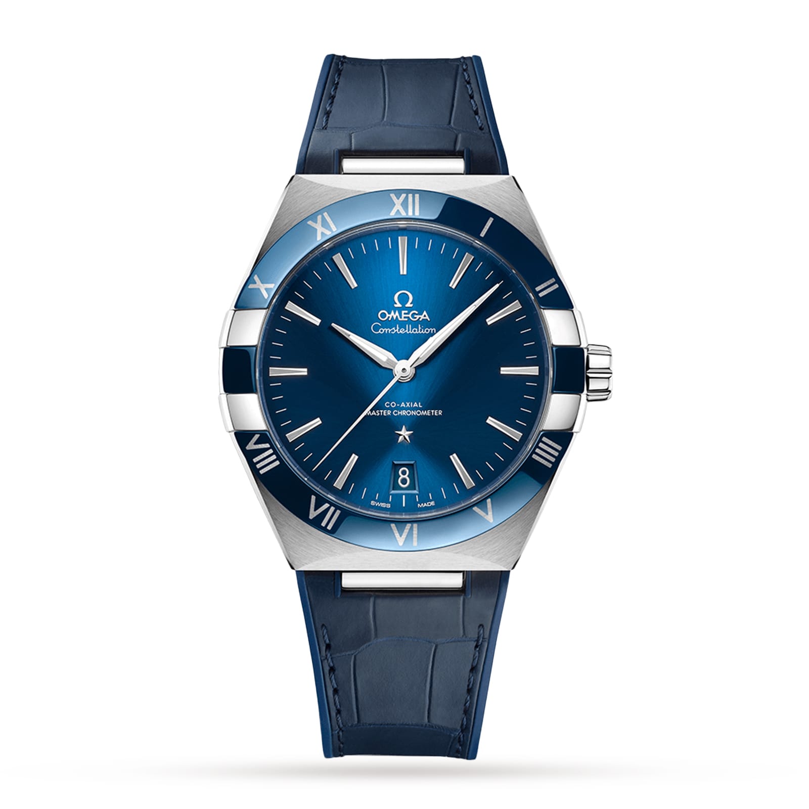 The OMEGA Constellation watch showcases a blue dial, blue ceramic bezel with silver Roman numerals, date at 6 o’clock, and a blue leather strap on a white background.