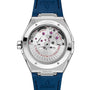 Back view of the OMEGA Constellation featuring a blue strap, stainless steel case, blue ceramic bezel, and an exposed Master Co-Axial 8900 calibre movement.