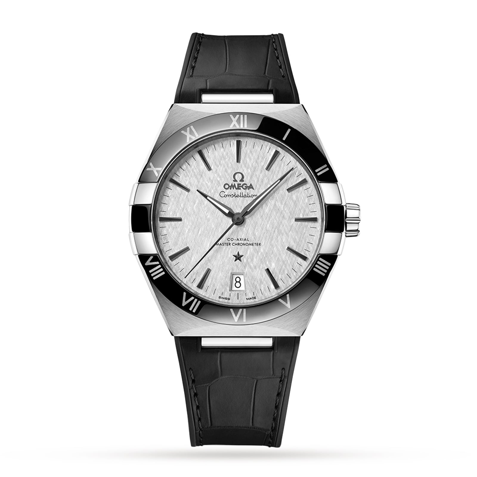 The OMEGA Constellation features a silver textured dial, Roman numeral bezel, black leather strap, date display at 6 o’clock, and is powered by the precise 8900 Calibre Movement.