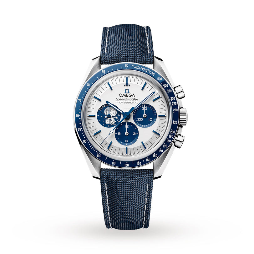 A blue and silver OMEGA Speedmaster Snoopy Award Anniversary Series wristwatch with fabric strap, white dial, tachymeter bezel, three sub-dials, 3861 calibre movement, celebrating Speedmaster heritage against a white background.