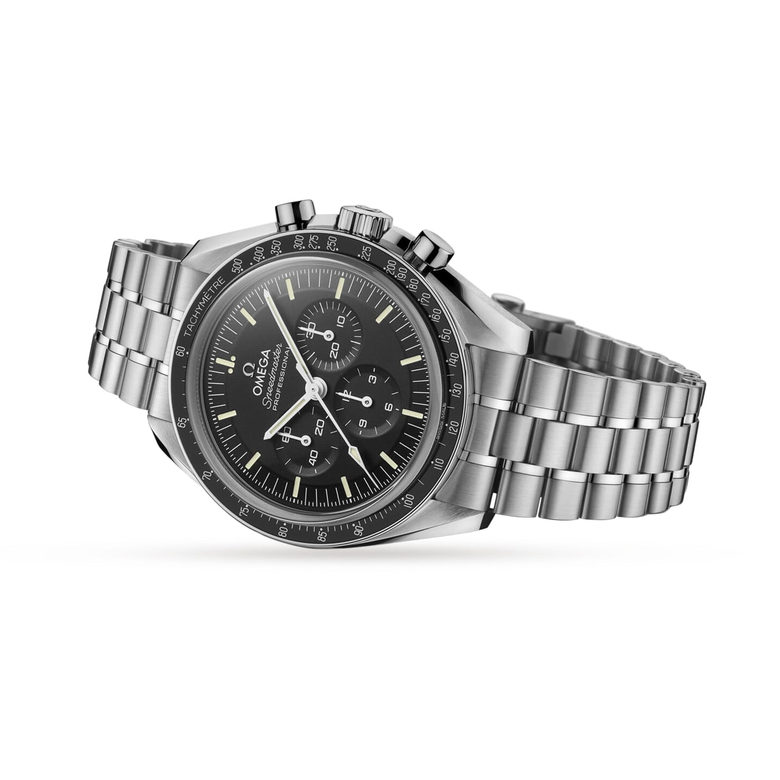 An OMEGA Speedmaster Moonwatch Professional in stainless steel features a black chronograph dial and tachymeter bezel on a metal bracelet, set against a white background. This iconic watch is Master Chronometer certified.