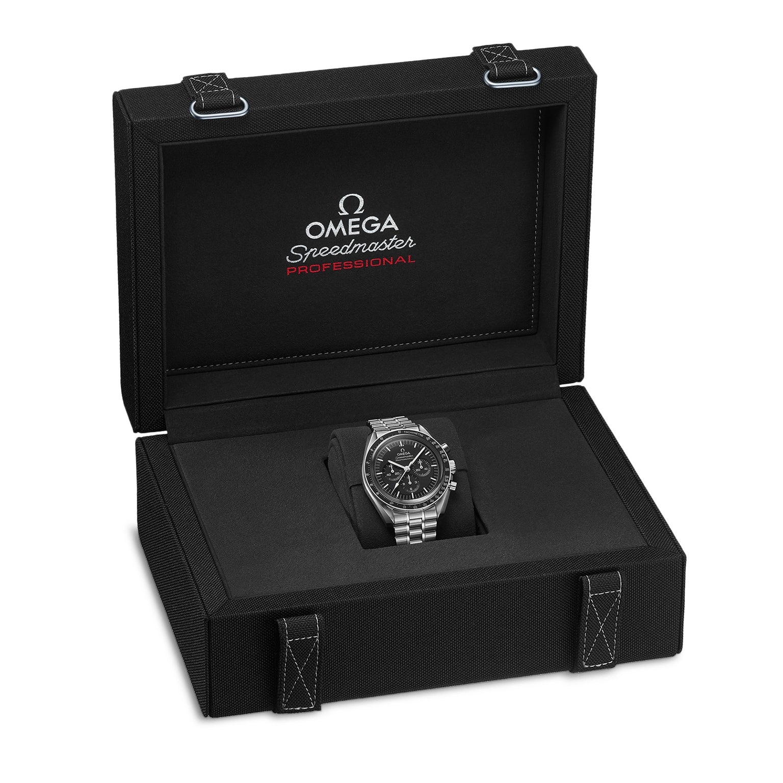 A stainless steel Speedmaster Moonwatch Professional by OMEGA is shown in an open black presentation box featuring the OMEGA logo and name on the inside lid.