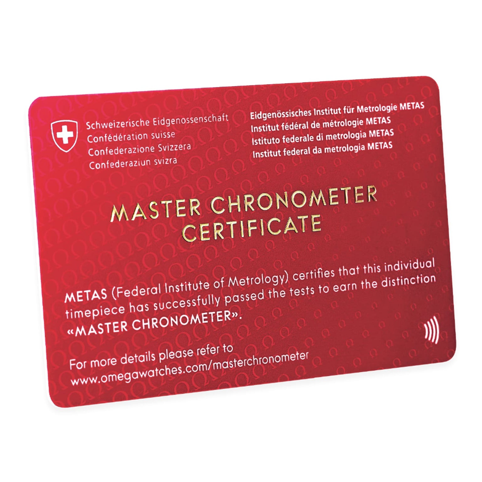 A red METAS Master Chronometer card certifies the OMEGA Speedmaster Moonwatch Professional has passed all tests, featuring a website link at the bottom.
