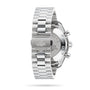 Back view of the OMEGA Speedmaster 38, featuring a stainless steel case, engraved clasp logo, and transparent case back revealing its calibre movement.