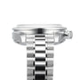 Side view of the OMEGA Speedmaster 38 featuring a stainless steel case, round profile, visible crown, and polished metal link bracelet against a white background.