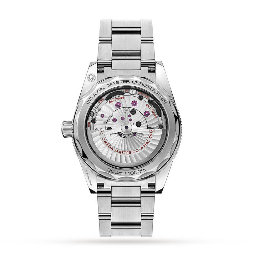 The back view of the OMEGA Seamaster 300 reveals its transparent case displaying the intricate Master Chronometer Calibre 8912 movement and elegant engraved details.