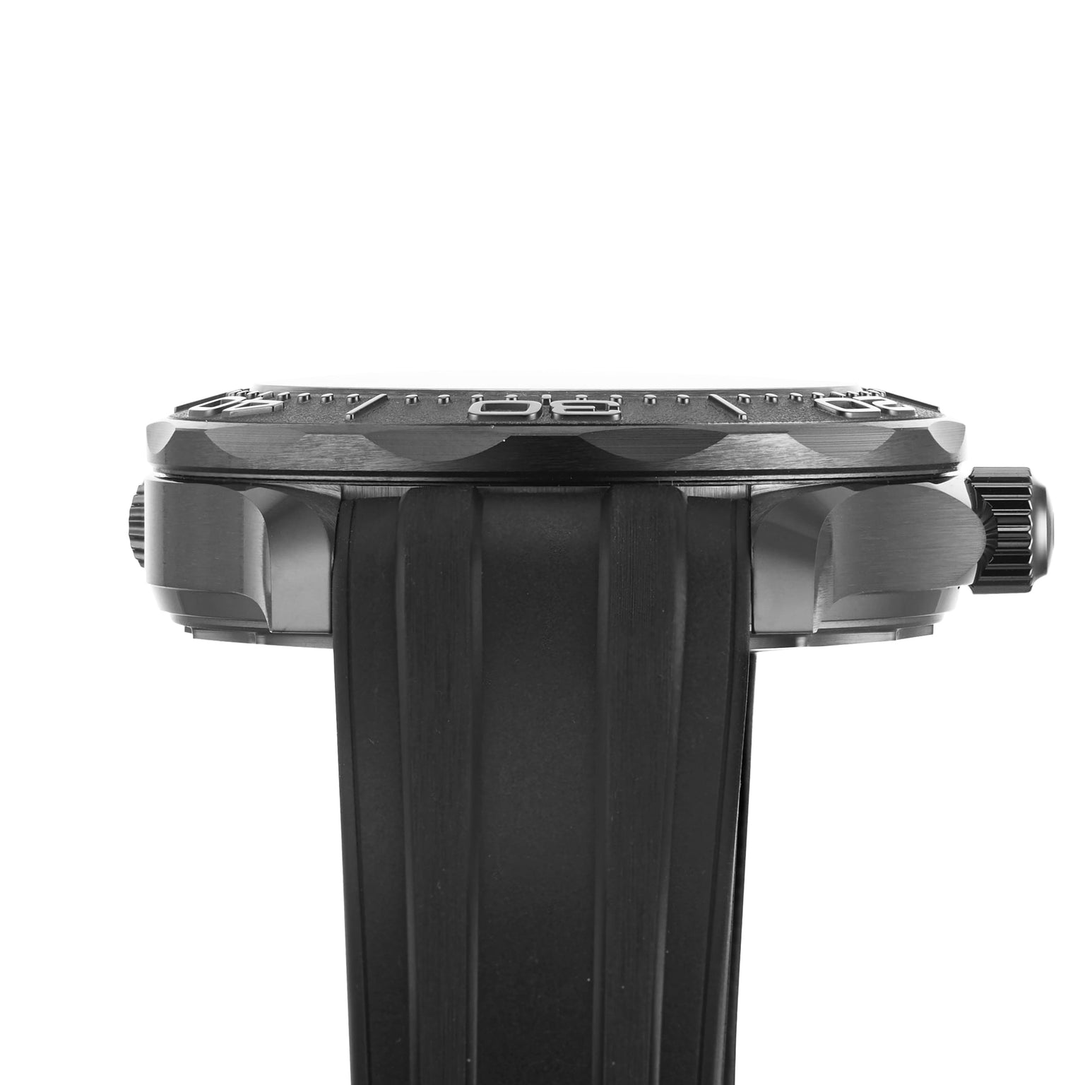 Side view of the OMEGA Seamaster Diver 300M Black Black Edition watch with a textured case and rubber strap, displayed against a white background.