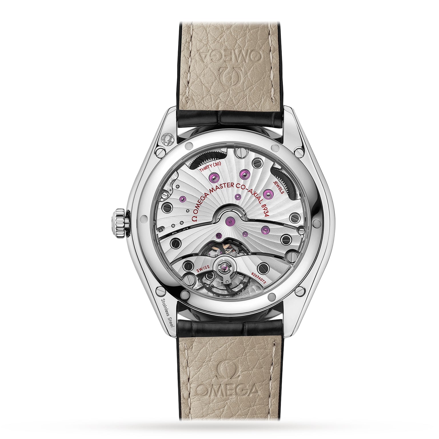 Back view of an OMEGA De Ville Trésor wristwatch showing the transparent case back, revealing the Master Chronometer calibre 8934 movement and a beige leather strap.