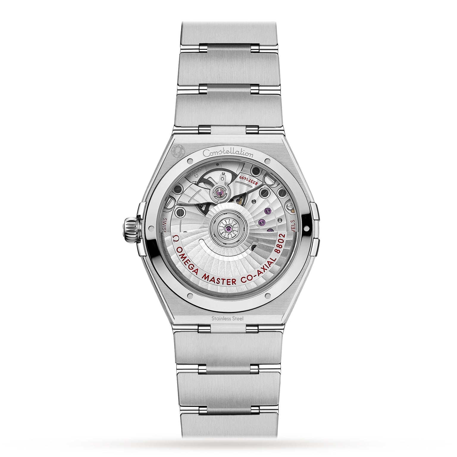 Back view of the OMEGA Constellation wristwatch featuring an exposed Co-Axial Master Chronometer movement visible through its transparent case back.