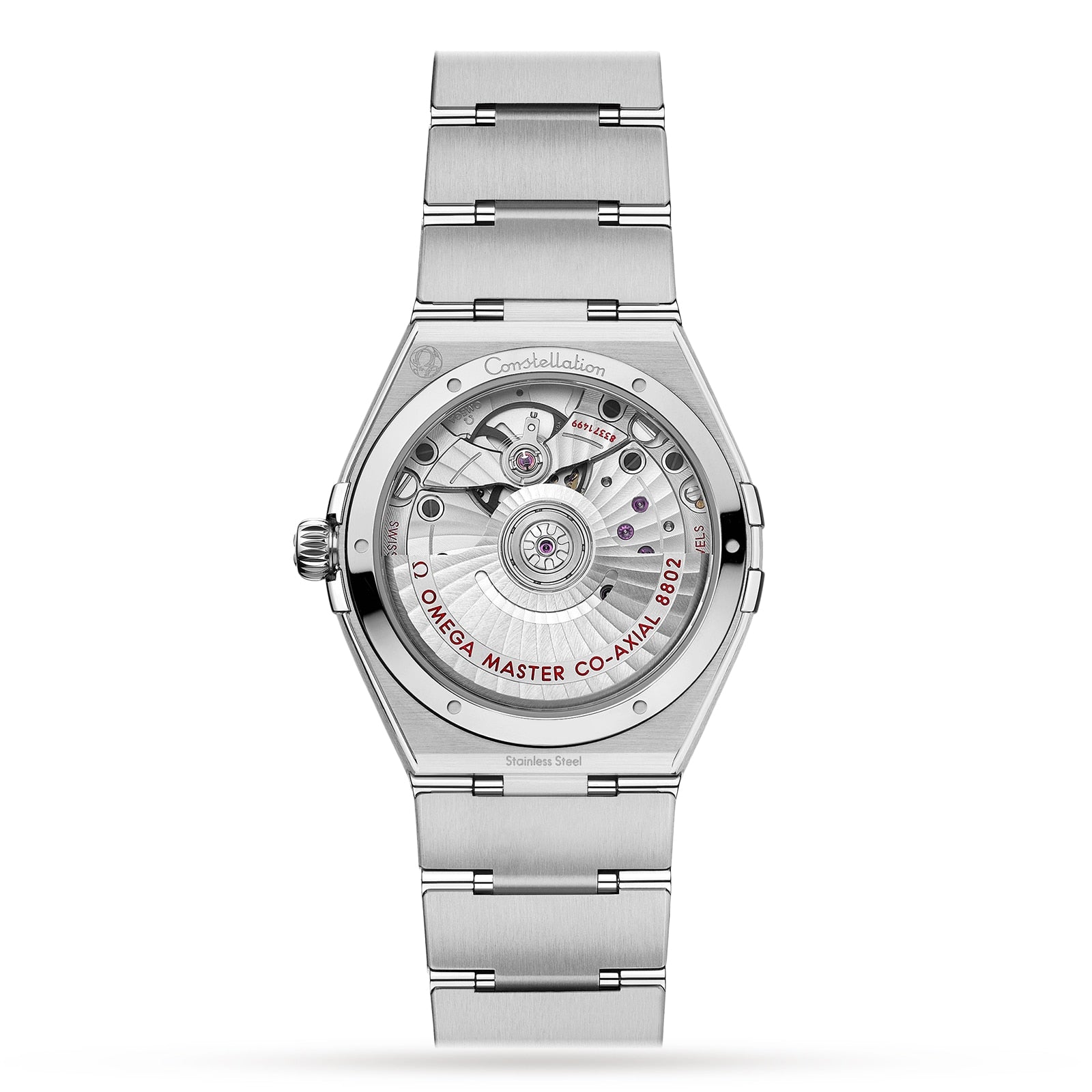 Back view of the OMEGA Constellation wristwatch featuring an exposed Co-Axial Master Chronometer movement visible through its transparent case back.