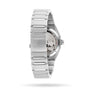 The back view of the OMEGA Constellation watch showcases its stainless steel bracelet, Omega-logo clasp, and a partially visible transparent case back on this refined 34mm timepiece.