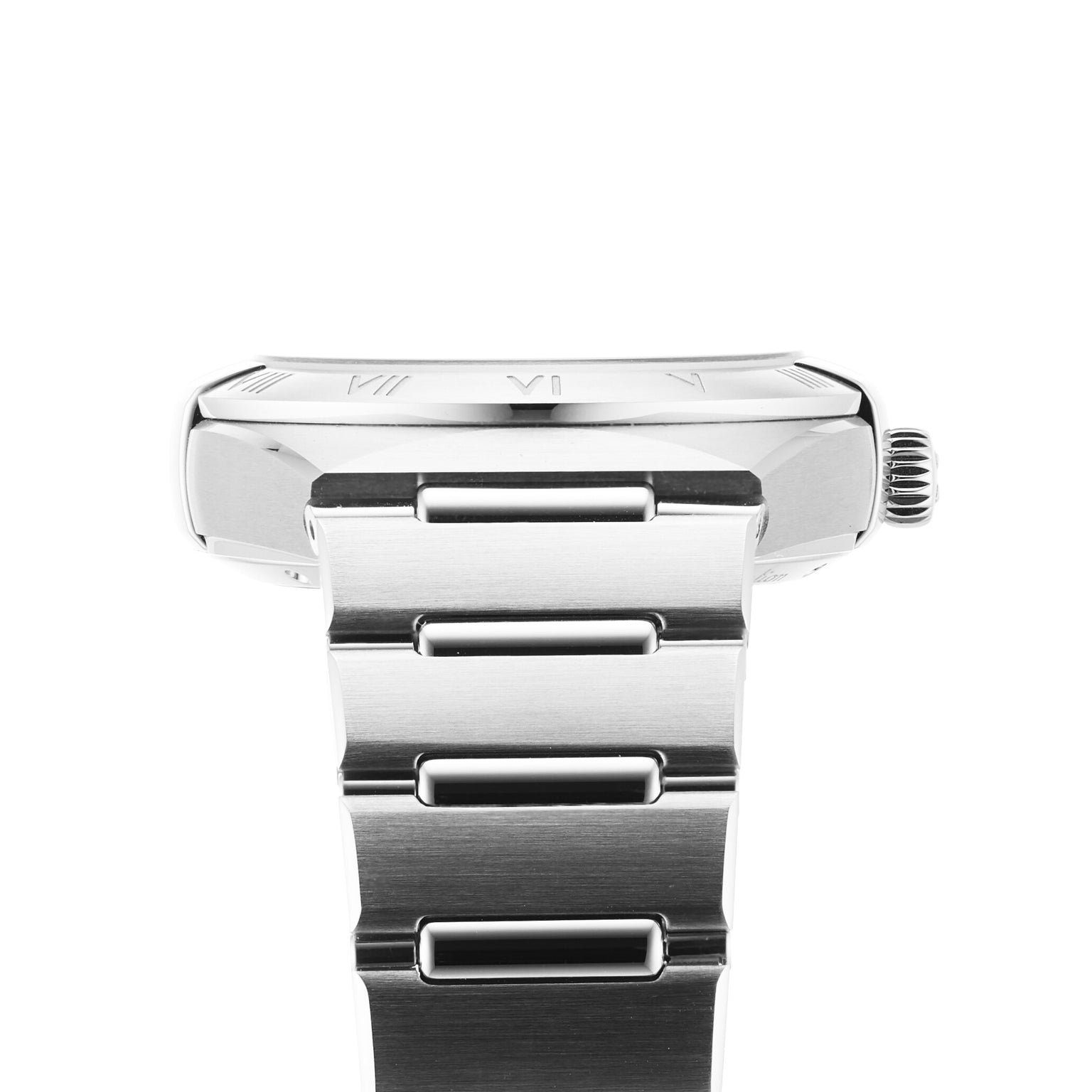 Close-up side view of the OMEGA Constellation 34mm wristwatch, highlighting its Roman numeral bezel, metal band, crown, and refined diamond hour markers.