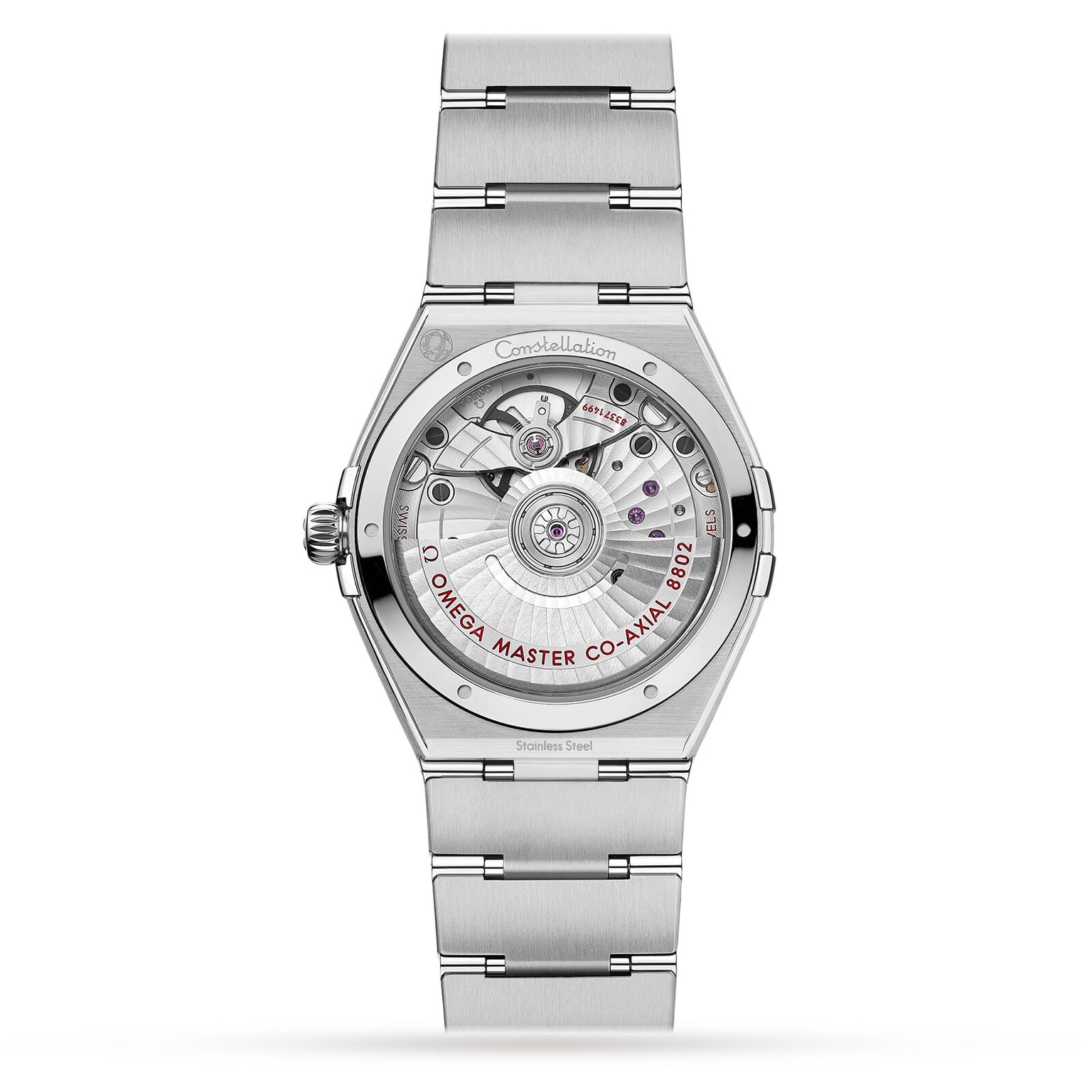 Back view of the OMEGA Constellation stainless steel watch displaying its exposed mechanical movement and Co-Axial Master Chronometer 8902 engraving.