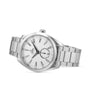 The OMEGA Seamaster Aqua Terra 150M is a silver wristwatch with a metal bracelet, white patterned dial, date at 6 o’clock, OMEGA branding below 12, and 150m water resistance—celebrating the brand’s maritime heritage.