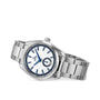 The OMEGA Seamaster Aqua Terra 150M is a stainless steel wristwatch with a white textured dial, blue markers and hands, Master Chronometer certification, date at 6 o’clock, and a metal link bracelet, shown at an angle.