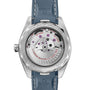 Back view of the OMEGA Seamaster Aqua Terra 150M with a transparent case back revealing its automatic movement and rotor, Master Chronometer engravings, and a blue leather strap—highlighting OMEGA’s maritime legacy.