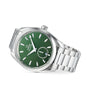 The OMEGA Seamaster Aqua Terra 150M is a stainless steel wristwatch with a green dial, silver hour markers, date window, metal link bracelet, and 8802 calibre movement, shown against a white background.