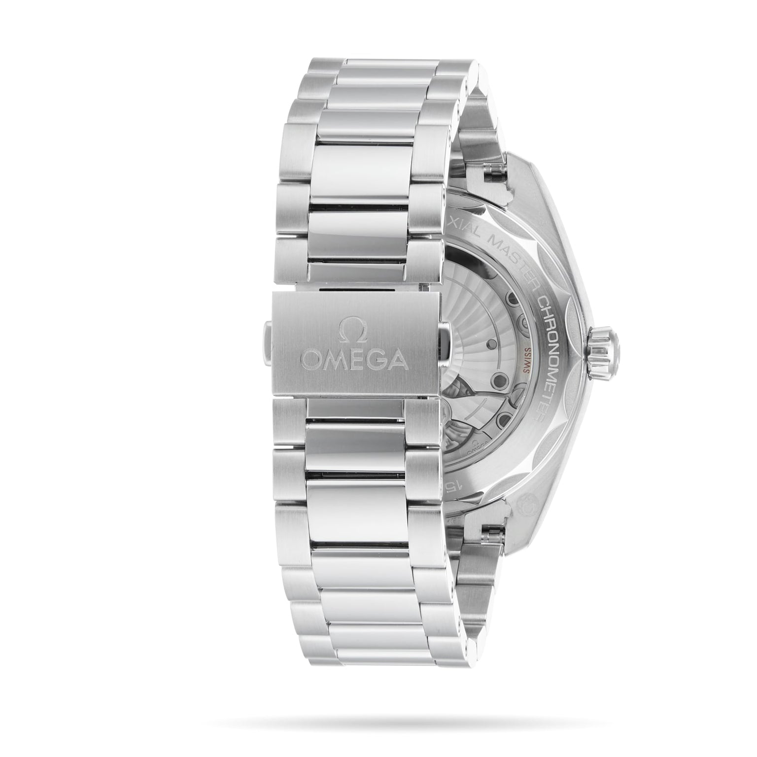 Close-up rear view of an OMEGA Seamaster Aqua Terra 150M, highlighting the stainless steel bracelet, branded clasp, and transparent case back revealing its intricate 8802 calibre movement.