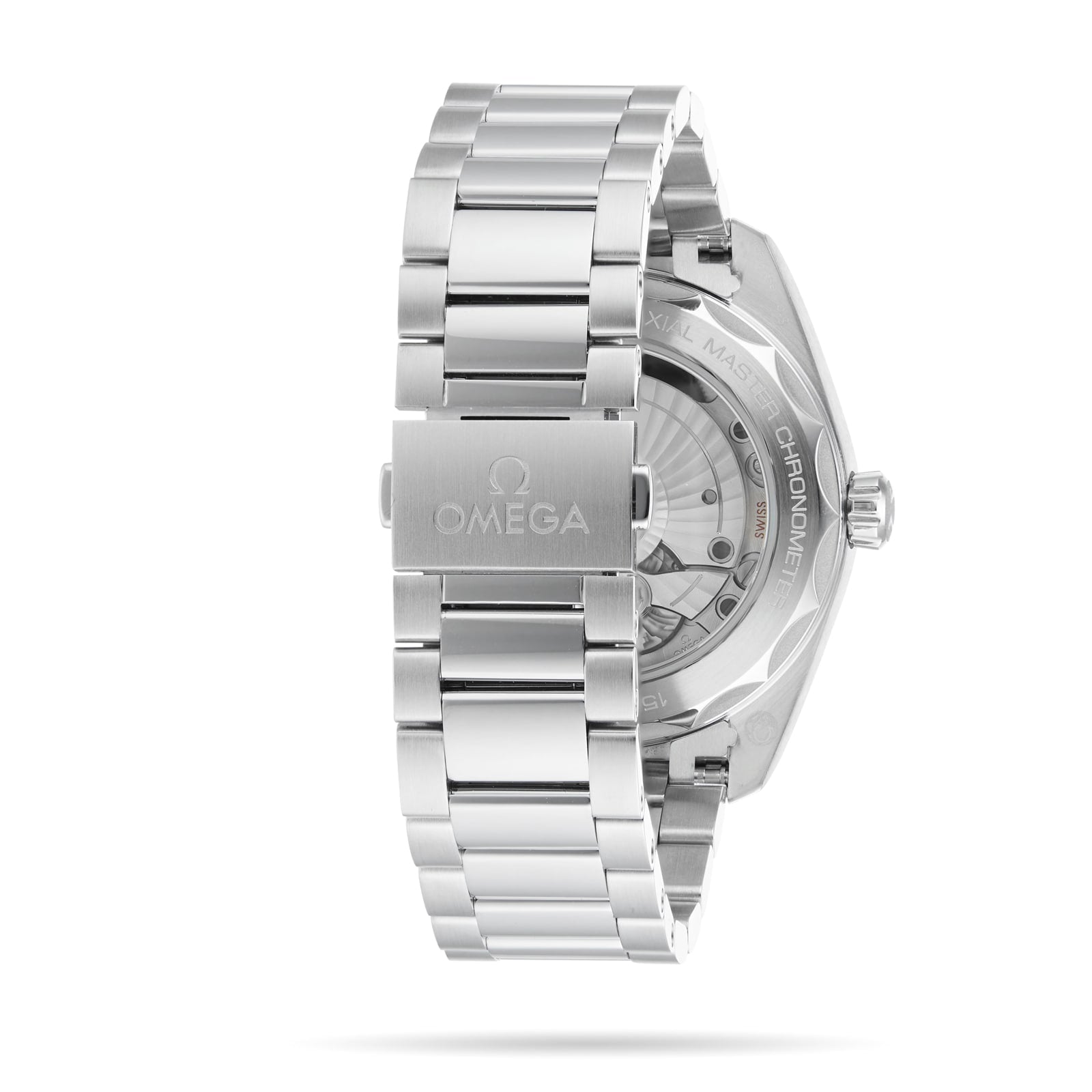 Close-up rear view of an OMEGA Seamaster Aqua Terra 150M, highlighting the stainless steel bracelet, branded clasp, and transparent case back revealing its intricate 8802 calibre movement.