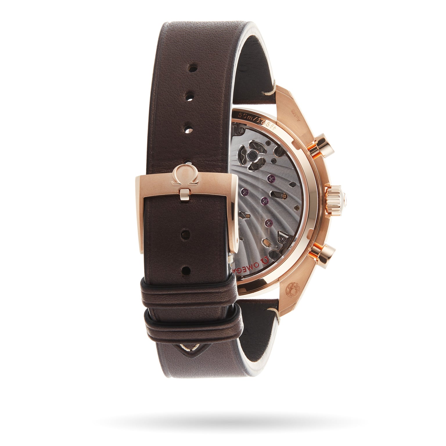 The OMEGA Speedmaster Chronoscope features a brown leather strap with a metal buckle and a transparent case back that reveals its intricate chronograph design.