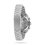 An OMEGA Speedmaster Chronoscope in stainless steel features an open case back showcasing the chronograph movement and is paired with a metal bracelet.