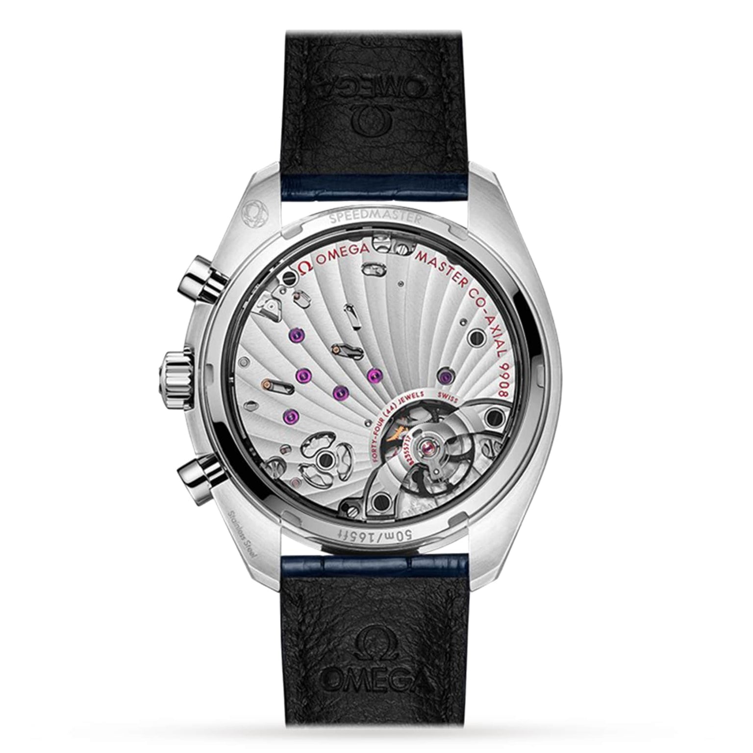 Back view of the OMEGA Speedmaster Chronoscope shows its intricate movement and engravings through a transparent case back, paired with a black leather strap and inspired by classic 1940s design.