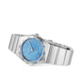 The OMEGA Constellation is a stainless steel wristwatch featuring a celestial blue dial, Roman numerals on the bezel, and a link bracelet, displayed at an angle.