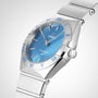 The OMEGA Constellation features a stainless steel case, celestial blue dial with silver hands, and blue Roman numeral hour markers—showcasing the OMEGA logo and ‘Constellation’ on its face, a stunning piece in the iconic collection.