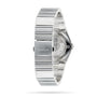 The back view of the OMEGA Constellation showcases its silver stainless steel bracelet, clasp with the OMEGA logo, and a sleek stainless steel case.