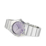 The OMEGA Constellation features a silver stainless steel case, patchouli blossom dial, diamond hour markers, and Roman numerals on the bezel, displayed at an angle.