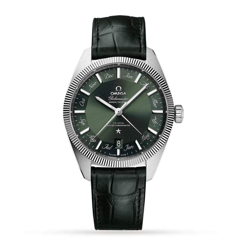 An OMEGA Constellation Globemaster wristwatch featuring a green textured dial, annual calendar month markers, date window at 6 o’clock, and a dark green leather strap.
