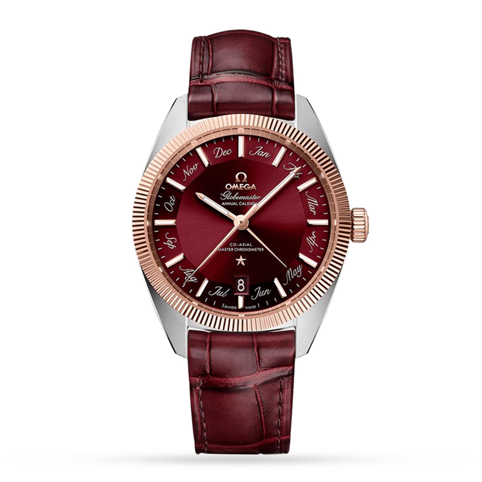 The OMEGA Constellation Globemaster is a red wristwatch with a leather strap, gold bezel, and a dial showing months and date. It features silver hour markers and hands plus an Annual Calendar function for added style.