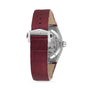 The OMEGA Constellation wristwatch features a burgundy leather strap and stainless steel clasp, shown from the back to reveal its transparent case and Master Chronometer certified 8800 calibre movement.