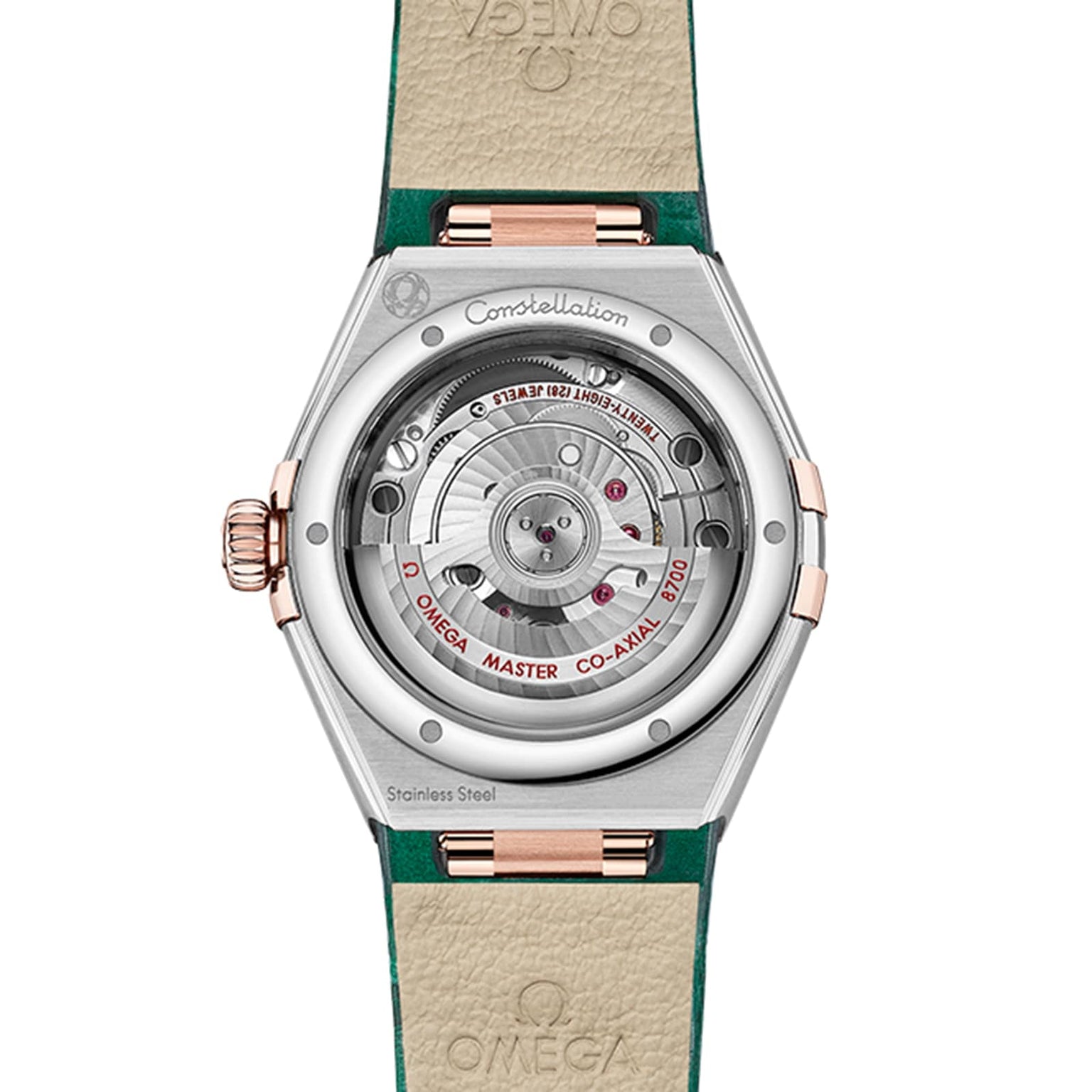 Back view of the OMEGA Constellation showing its exposed mechanical movement, engraved details, and green and cream leather strap enhanced with luxurious 18K Sedna™ gold accents.