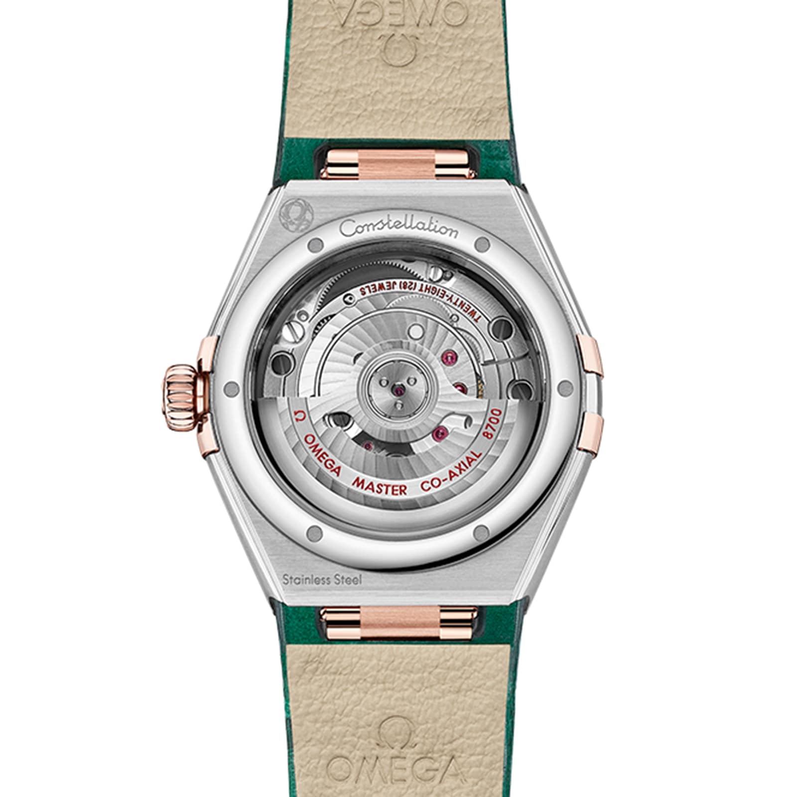 Back view of the OMEGA Constellation showing its exposed mechanical movement, engraved details, and green and cream leather strap enhanced with luxurious 18K Sedna™ gold accents.