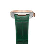 Side view of the OMEGA Constellation wristwatch featuring a green leather strap, 18K Sedna™ gold bezel with Roman numerals, and a visible crown on the right.