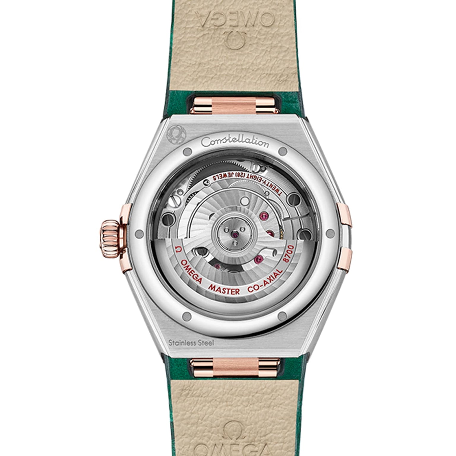 Back view of the OMEGA Constellation watch features a transparent caseback that reveals its master chronometer-certified movement and stainless steel components, engraved with technical details.